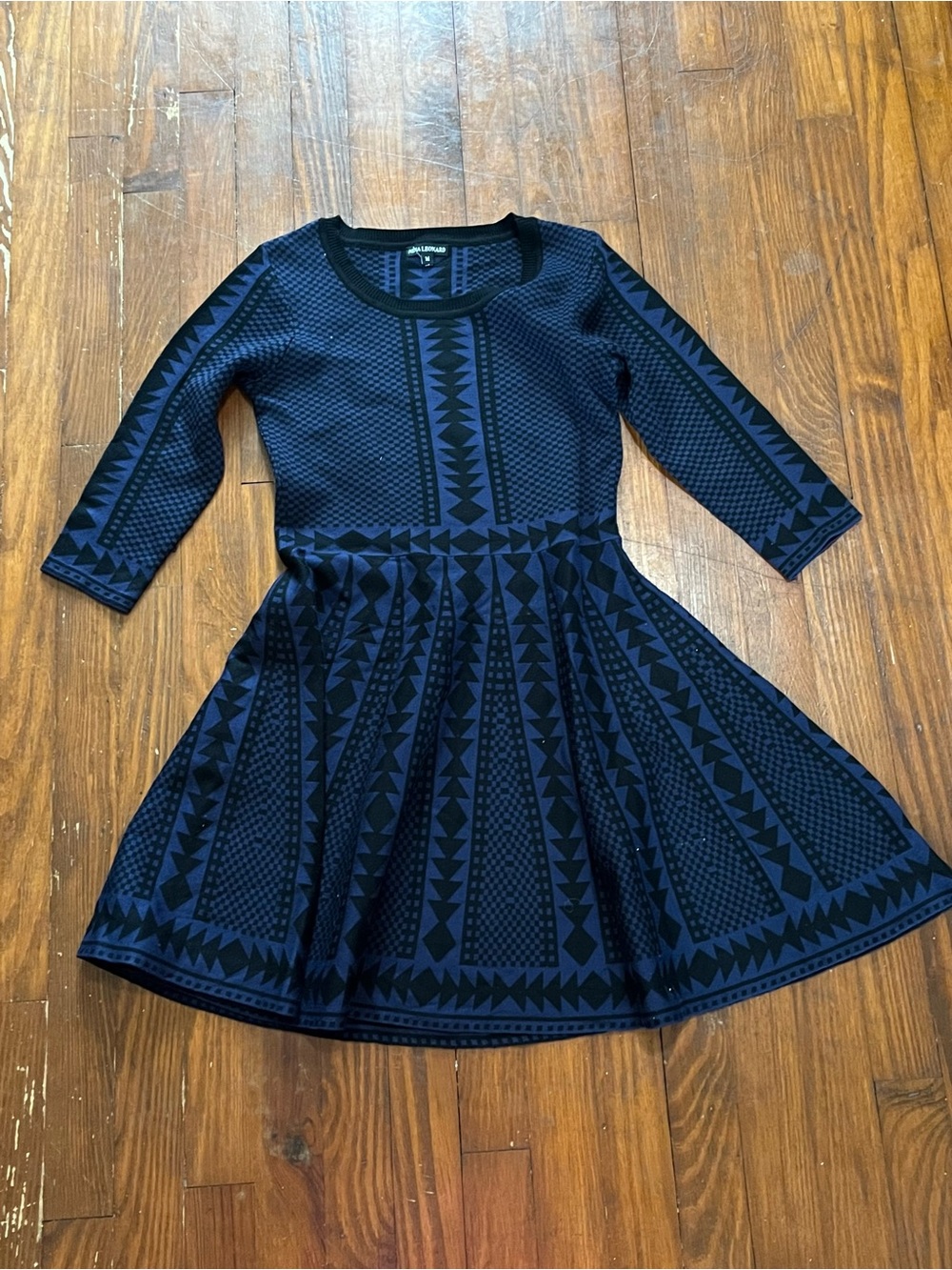 Nina Leonard Women’s Navy and Black Geometric Fit & Flare Dress